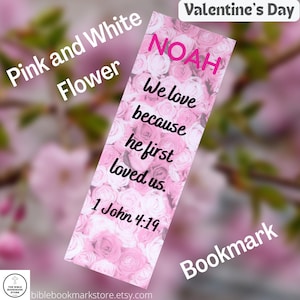 Laminado, Nombre, Versículo de la Biblia, Personalizable, Día de San Valentín personalizado - Marcador de flor rosa y blanca