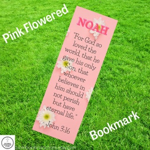 Gelamineerd, naam, bijbelvers, personaliseerbaar, aangepaste roze gebloemde bladwijzer