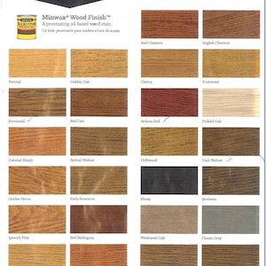 May include: A color chart showing 18 different wood stain colors. The chart is labeled "Minwax Wood Finish" and includes the names of each color, such as "Red Chestnut", "Golden Oak", and "Ebony".