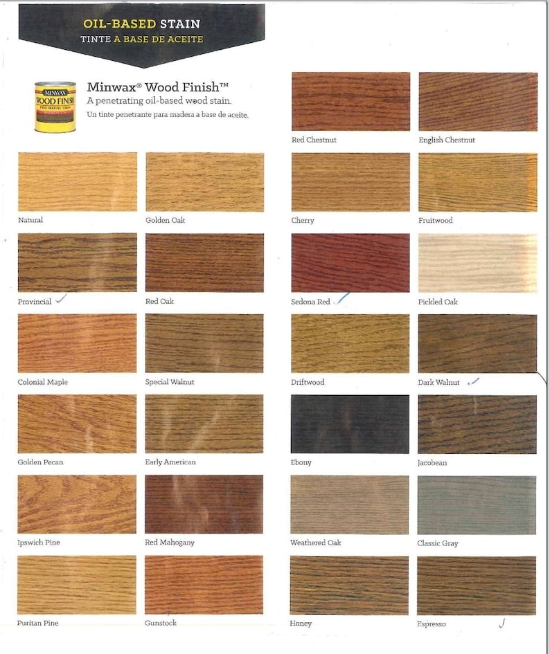 May include: A color chart showing 18 different wood stain colors. The chart is labeled "Minwax Wood Finish" and includes the names of each color, such as "Red Chestnut", "Golden Oak", and "Ebony".