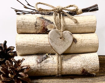 Bundle of 6 Little Logs, 4" x 1", White Birch, Pine Cones, Twigs, Birch Heart, Birch Gift, Gift Box