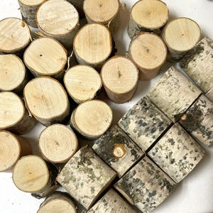 May include: A collection of small, natural wood slices and blocks. The round slices have light brown centers and darker bark edges. The blocks have a textured, gray and white bark. Ideal for rustic decor or craft projects.