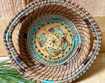 Pine Needle Basket, Fish Motif, Wood Burning, Handmade in New Hampshire, Birch Center, One of a Kind