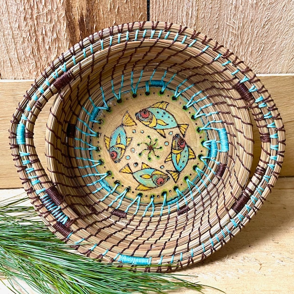 Pine Needle Basket, Fish Motif, Wood Burning, Handmade in New Hampshire, Birch Center, One of a Kind