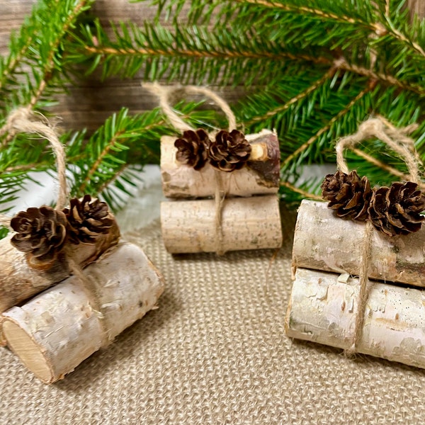 Birch Log Ornaments, Set of 3, 2" Logs, Tiny Pine Cones, Jute Twine, Handmade Rustic Decorations, Party Gift