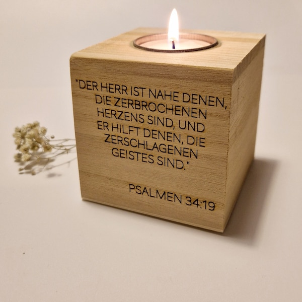 Trostlicht Psalm 34:19| Erinnerungskerze aus Rohholz| Andacht| Bibelvers Kerze| Psalmen| Sternenkind| Verlustkerze| Der Herr ist nahe