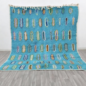Turquoise Moroccan Berber Rug, Minimal Tribal Handwoven  Wool Carpet, Modern Boho Home Décor