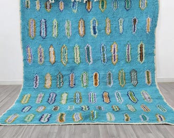 Turquoise Moroccan Berber Rug, Minimal Tribal Handwoven  Wool Carpet, Modern Boho Home Décor