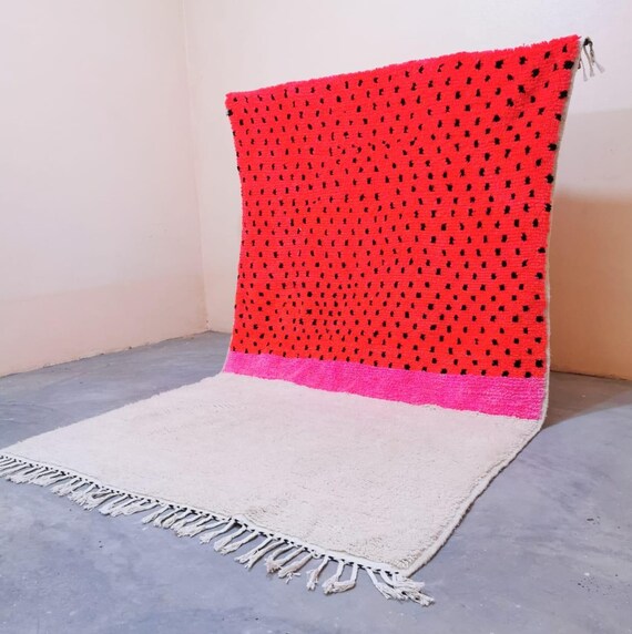 Watermelon Inspired Moroccan Rug – Red, Pink & Cream Handmade Wool Rug with Black Dots, Color Block Red Wool Area Rug with Fringe