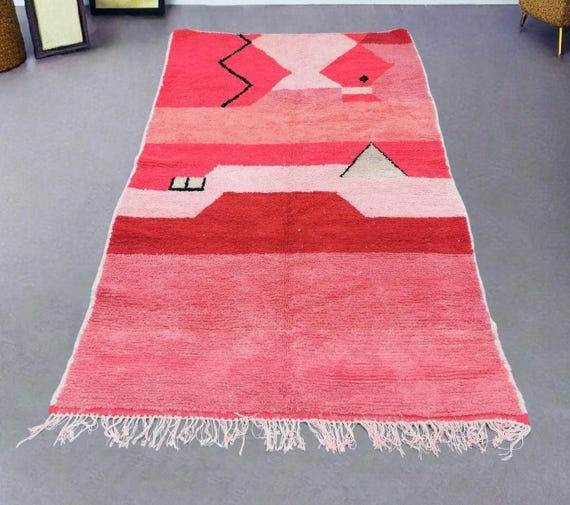 Handmade Wool Rug – Pink Red Abstract Geometric Berber Tribal Design Area Rug