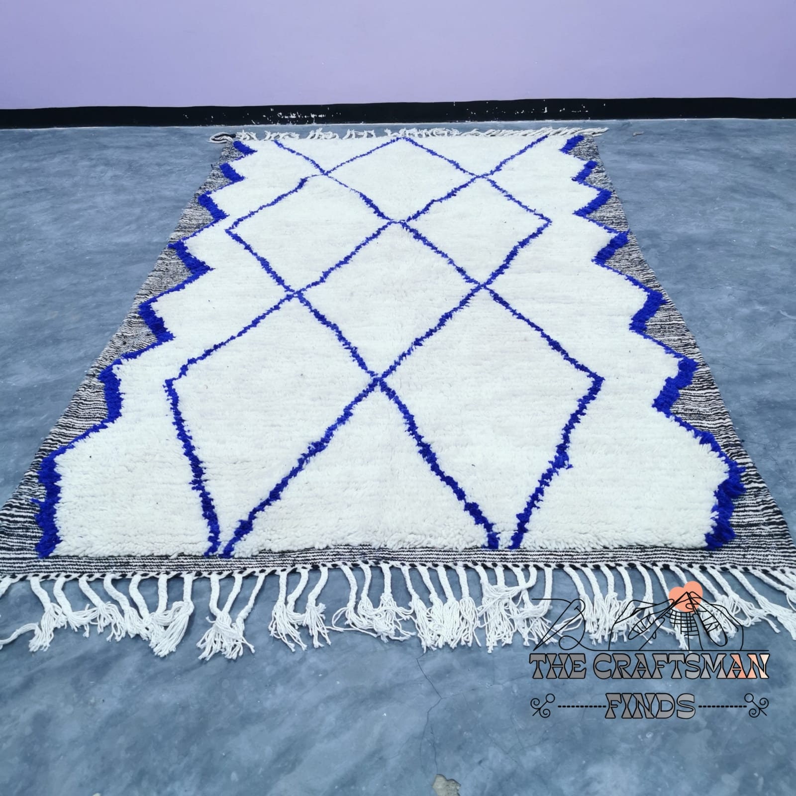 Custom Moroccan Beni Ourain Rug: Handwoven Wool, Blue Geometric Design ...