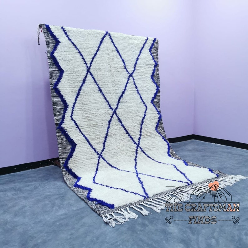 Custom Moroccan Beni Ourain Rug: Handwoven Wool, Blue Geometric Design ...