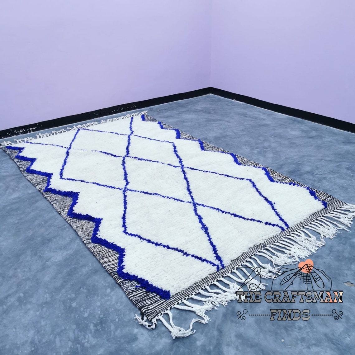 Custom Moroccan Beni Ourain Rug: Handwoven Wool, Blue Geometric Design ...