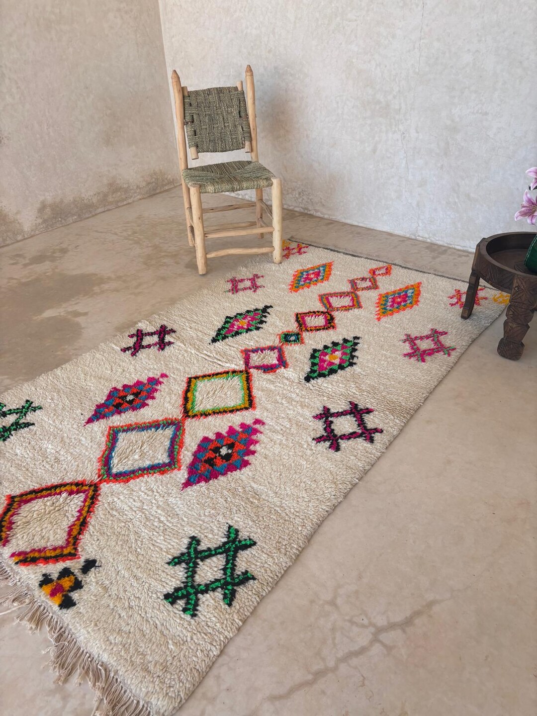 Libyan Traditional Rug Handmade Berber Wool Rug – Ivory Cream With Colorful Tribal Symbols ...