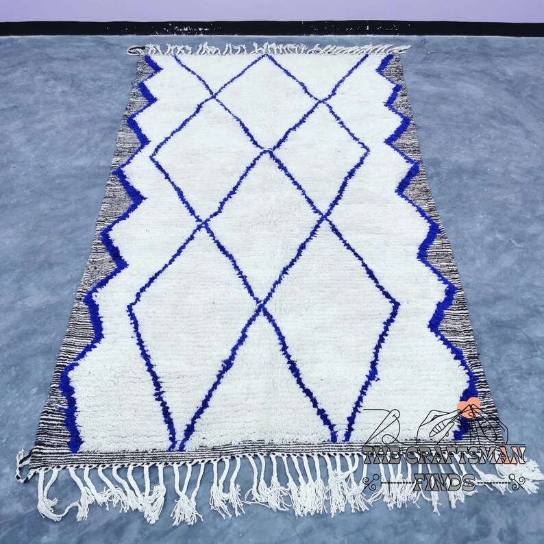 Custom Moroccan Beni Ourain Rug: Handwoven Wool, Blue Geometric Design ...