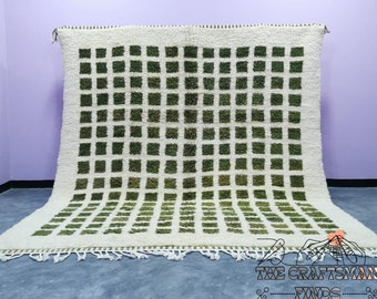 Handwoven Green Checkered Moroccan Rug: Beni Ourain Wool Carpet