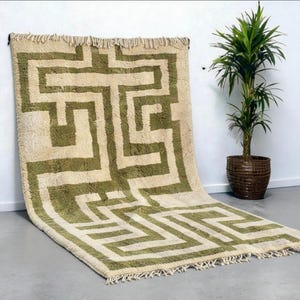 Green Geometric Moroccan Rug – Handmade Berber Wool Rug, Modern Azilal Carpet, Custom Area Rug, Abstract Tribal Home Decor