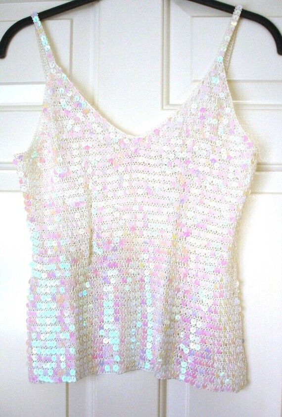 White Sequin Top, Vintage Retro Sequin Top, Croche