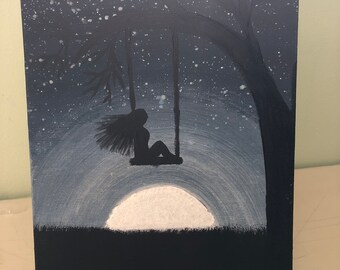 Original Hand Painted Girl Swinging over Moon Canvas, Night Sky, glow in the dark