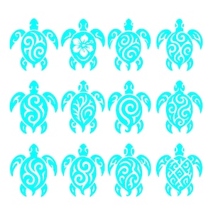 May include: A collection of turquoise sea turtle designs on a white background. Each turtle features unique patterns, including swirls, floral accents, and geometric shapes. The image showcases a variety of decorative turtle illustrations.