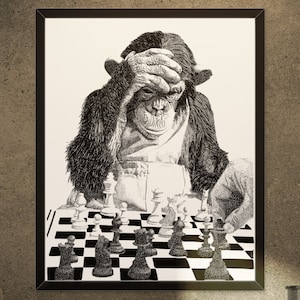 Monkey Playing Chess Illustration Print