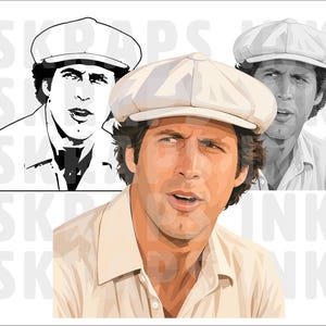 May include: A digital illustration featuring three versions of a person wearing a flat cap. One version is a black and white line drawing, one is a grayscale portrait, and the central version is a full-color portrait. The text SKRAPS INK is visible.