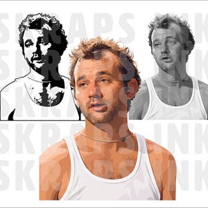 May include: A digital illustration featuring three variations of a man with short, messy hair wearing a white tank top and a thin necklace. One version is a black and white line drawing, while the other two are rendered in full color and grayscale.