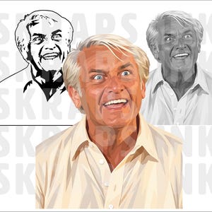 May include: A digital illustration featuring three versions of a man with light hair and a wide-eyed expression. One version is a black and white line drawing, one is a grayscale portrait, and one is a full-color portrait wearing a light shirt.
