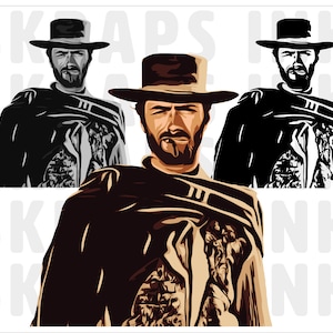 May include: A digital illustration of a man wearing a cowboy hat and poncho. The man has a mustache and beard and is looking to the right. The illustration is in a cartoon style and is in shades of brown, black, and white.