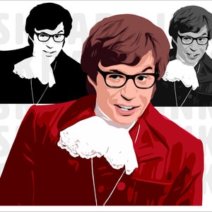 May include: A cartoon illustration of a man with brown hair wearing a red jacket, a white lace collar, and glasses. He is smiling and looking to the right.