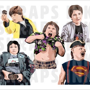 May include: Illustration of five characters from the movie "The Goonies." The characters are in a cartoon style, with vibrant colors and exaggerated features. The characters are in various poses, with different facial expressions.