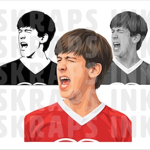 May include: A digital illustration featuring three versions of a person with short brown hair and an open mouth expression. One version is in full color with a red shirt, one is in black and white, and one is in grayscale, all with the text SKRAPS INK.