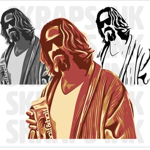 May include: A digital illustration of a man with long hair and a beard wearing a red and yellow robe and sunglasses. He is holding a can of beer in his right hand. The background is white with the word "SKUNK" repeated in black.