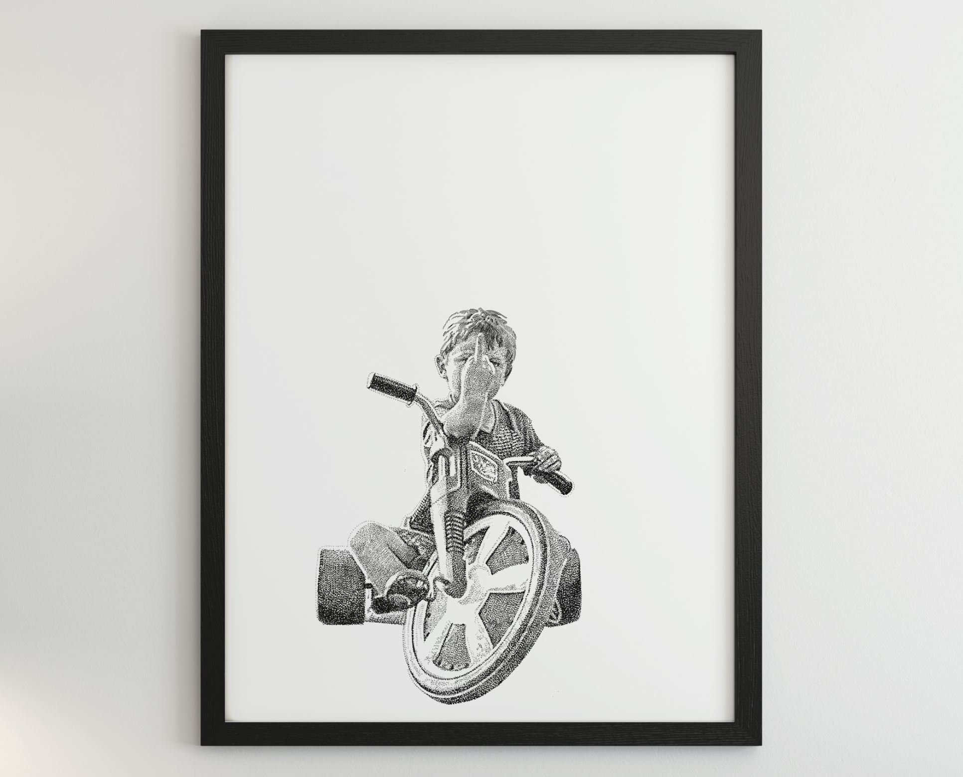 Tricycle Kid Flipping the Bird Illustration Print