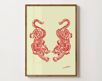 Tweeling tijgerprint | Hedendaagse tijgerprint | Feng Shui-kunst aan de muur met dieren | Gedurfd decor