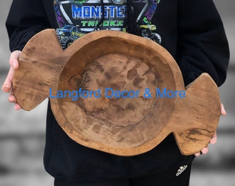 Hand Carved Rustic Dough Bowl with Handles: European Farmhouse Decor