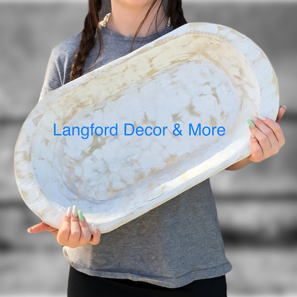Hand Carved Extra Large Rustic Distressed White Oval Dough Bowl/Large Bowl/Trencher Bowl/European Dough Bowl/Prayer Bowl/Food Safe