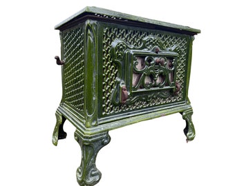 Green Enamelled Antique French Cast Iron Art Nouveau Wood Stove, Log Burner - Le Brulbois