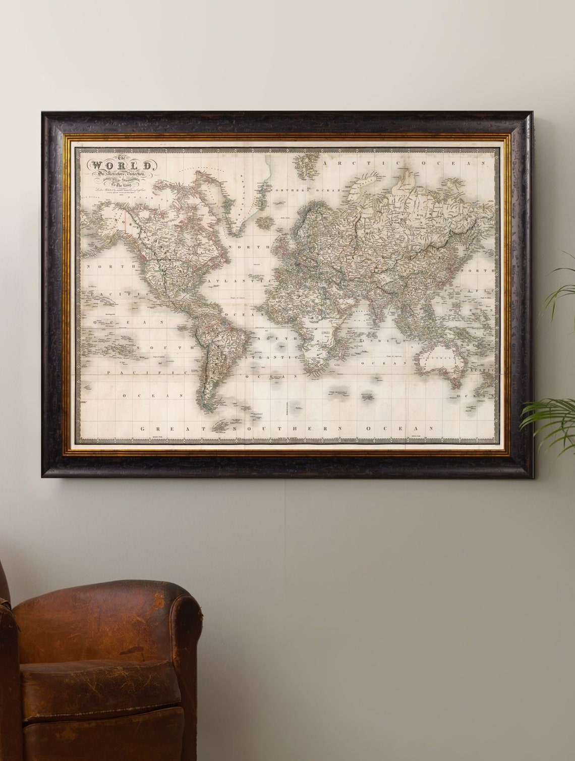 Antique Vintage Style Framed Map Of The World Picture Print | Etsy