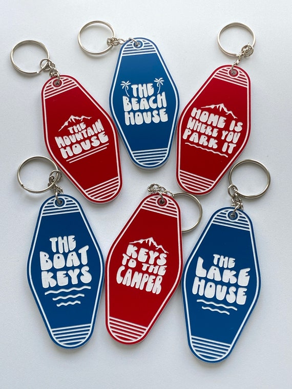 Customizable Retro Motel Keychains Vacation Beach Lake Mountain