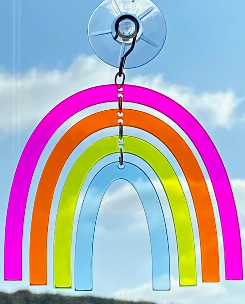 Rainbow Suncatcher Window Hanging Neon Rainbow Iridescent Etsy