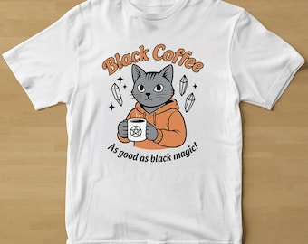 Black Coffee Cat T-Shirt, Cute Witchy Cat Shirt, Coffee & Magic Tee, Kawaii Gothic Cat Lover Gift, Cozy Caffeine Spell Shirt, Black Cat Tee