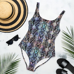 Snake Skin Print One-Piece Swimsuit, UPF 50+ Monokini, Reptile Bathing Suit