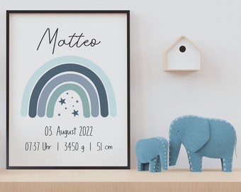 Blauer Regenbogen Geburtsposter Personalisiert Name Uhrzeit Größe Gewicht | Kinderzimmer Babygeschenk | Geburt Baby Poster