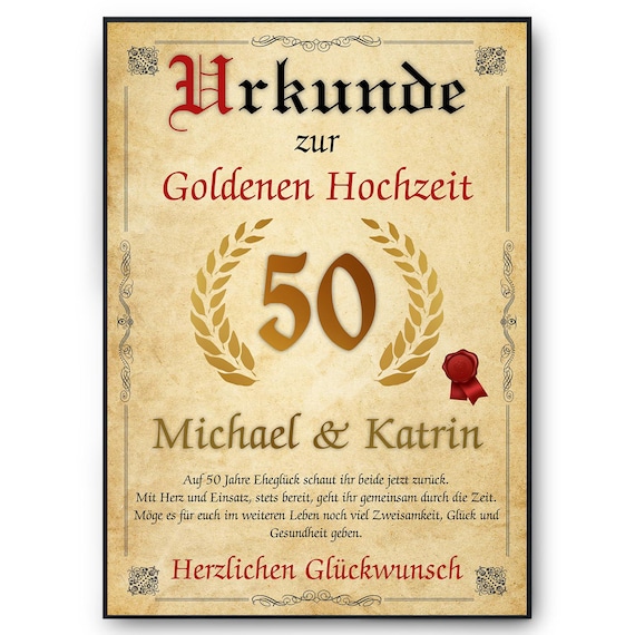 Personalisierte Urkunde zum 50. Hochzeitstag Geschenk zur Goldenen Hochzeit Goldhochzeit Karte Personalisiert mit Namen 50. Jahrestag