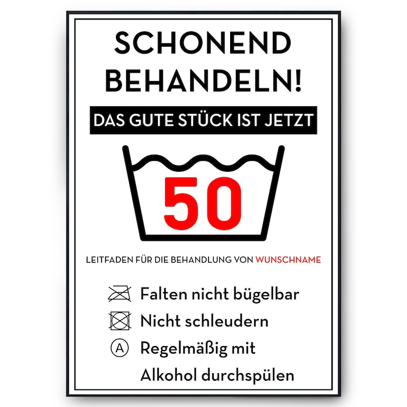 Personalisiertes Geschenk zum 50. Geburtstag Frau Mann Wäsche Lustige Geschenkidee 50 Jahre Geburtstagskarte Witzige Party Deko DIN A4 + Rahmen schwarz