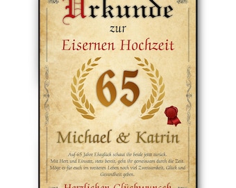 Personalisierte Urkunde zum 65. Hochzeitstag Geschenk zur Eisernen Hochzeit | Eiserne Hochzeit Karte Personalisiert mit Namen