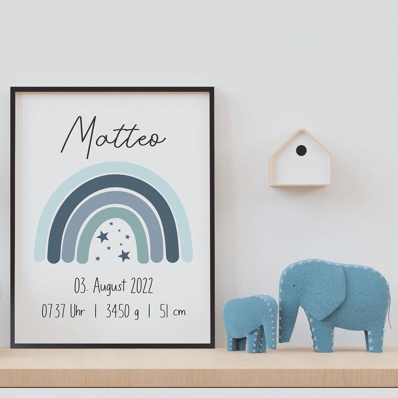 Blauer Regenbogen Geburtsposter Personalisiert Name Uhrzeit Größe Gewicht | Kinderzimmer Babygeschenk | Geburt Baby Poster