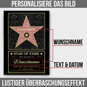 May include: A black and gold framed certificate with a pink star and the text "Star of Fame" and "Wunschname". The certificate is for a personalized gift.