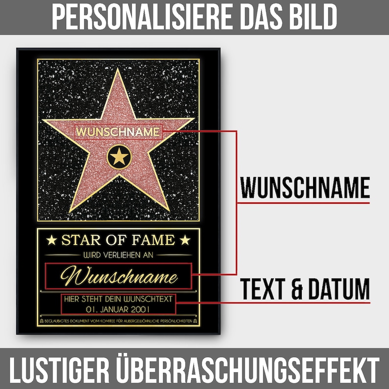 May include: A black and gold framed certificate with a pink star and the text "Star of Fame" and "Wunschname". The certificate is for a personalized gift.